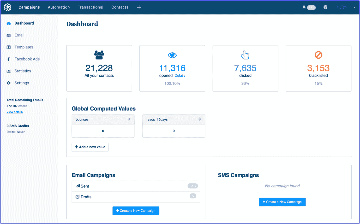 Sendinblue-GetResponse-alternative Email campaign dashboard in Sendinblue, a similar tool like GetResponse.