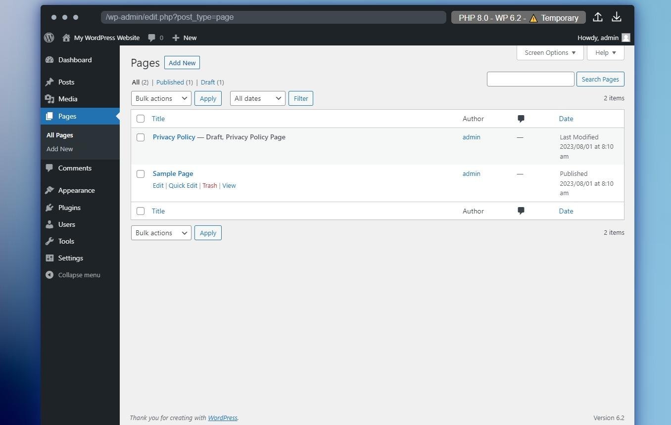 wordpress-blog-site-builder Website page management settings in WordPress CMS for setting up a blog