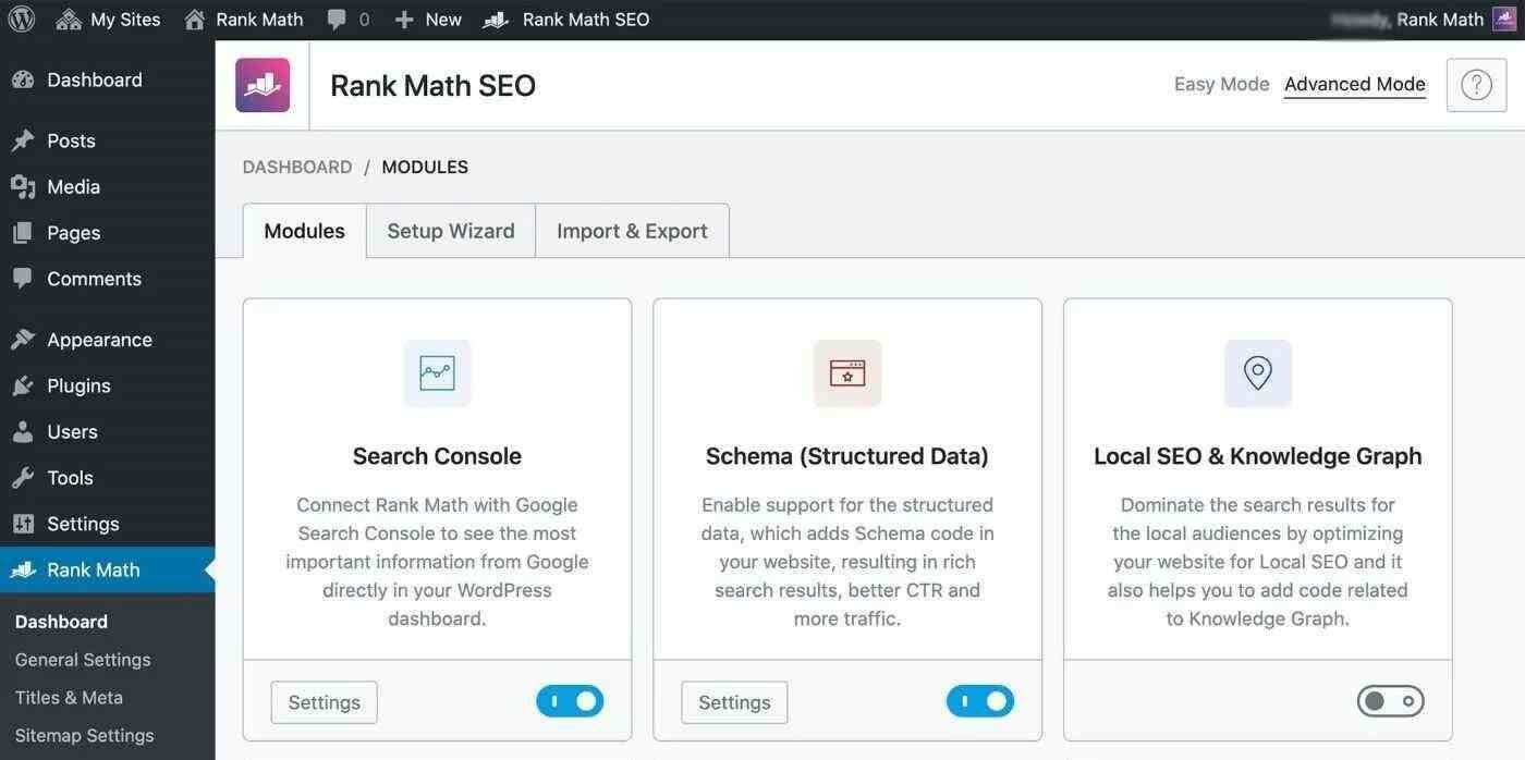 wordpress-rank-math-dashboard Dashboard of Rank Math in WordPress to optimize blog