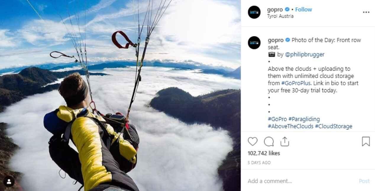 gopro-brand-Instagram-post Instagram post by GoPro featuring user-generated content to drive brand awareness