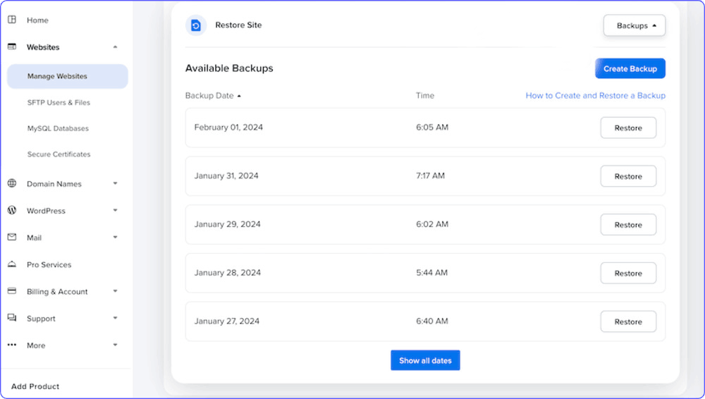 Available backups in the manage websites page of DreamHost