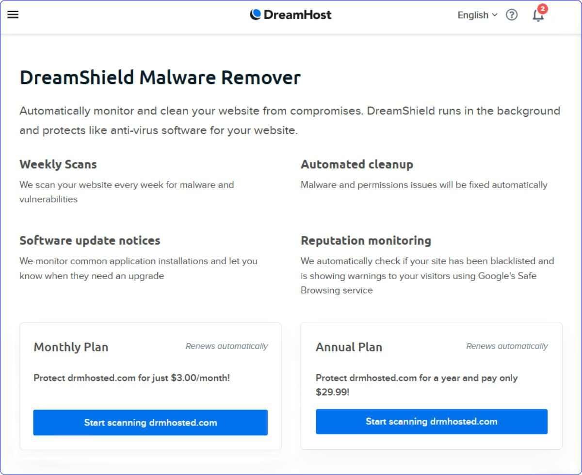 DreamShield malware remover security feature in DreamHost