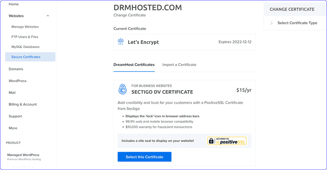 Free SSL certificate in DreamHost