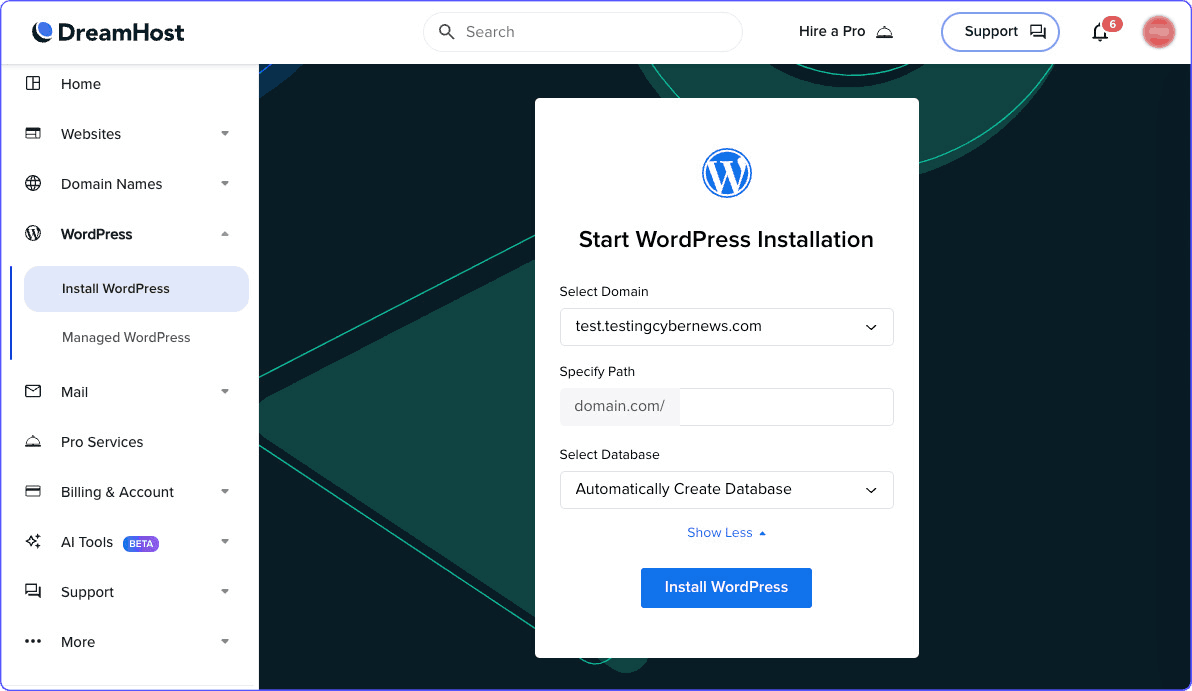 WordPress installation interface in DreamHost