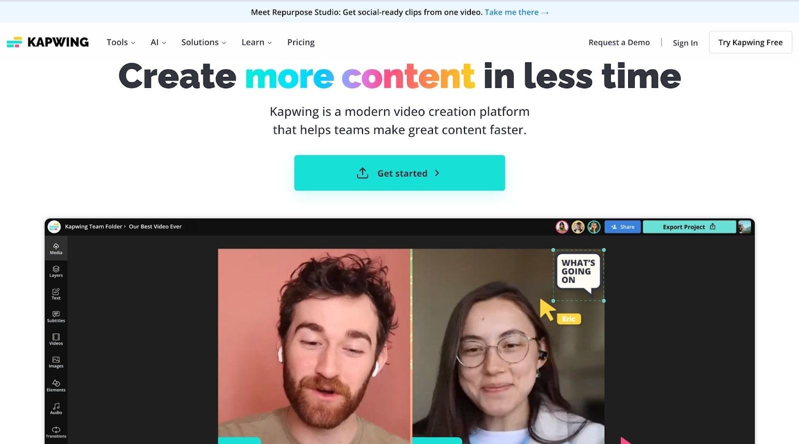 Homepage of a platform like CapCut called Kapwing