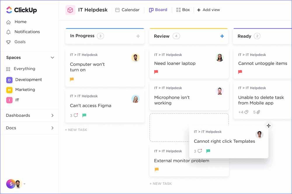 Kanban board view of tasks in a Connecteam rival called ClickUp