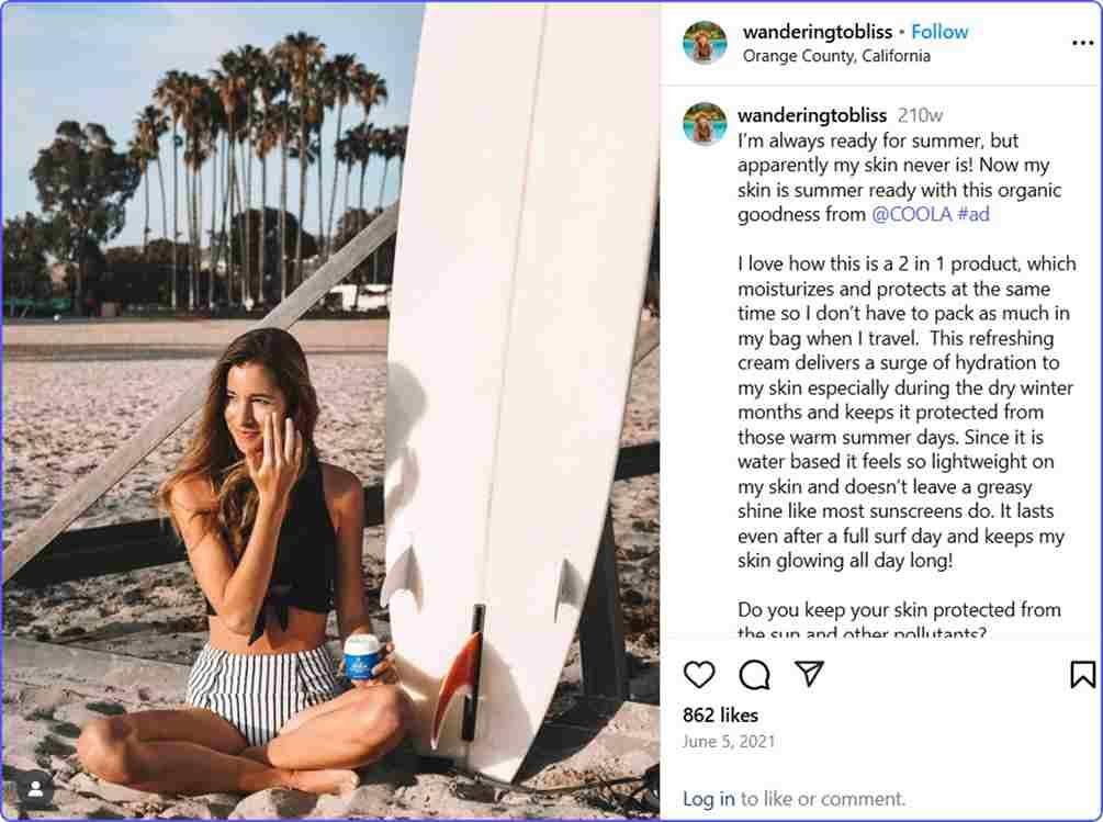 Coola product Instagram post by an influencer to understand how to get brand awareness