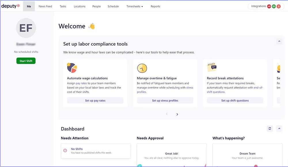 Dashboard of a Connecteam alternative called Deputy