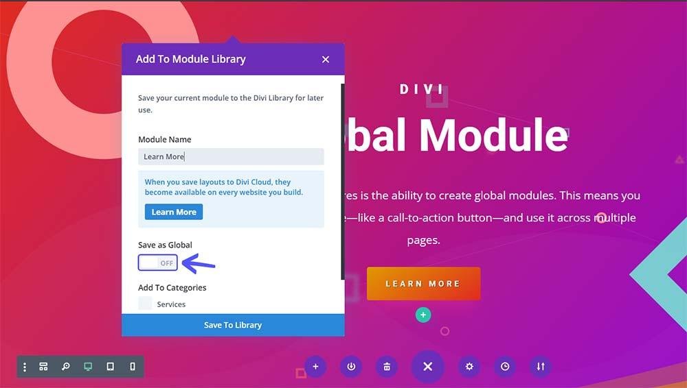 Add to Module Library dialog in Divi for creating a global module