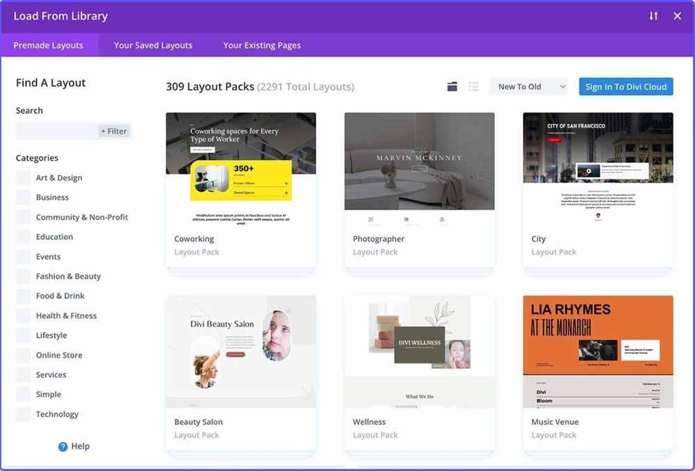 Pre-designed layouts of Divi sorted in different categories