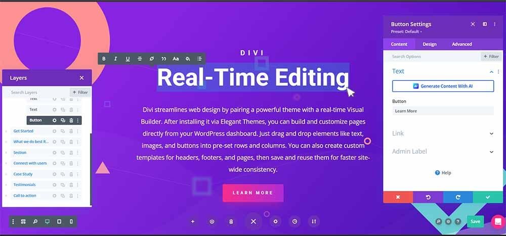 Real time editing in the visual builder feature that is covered in this Divi theme review