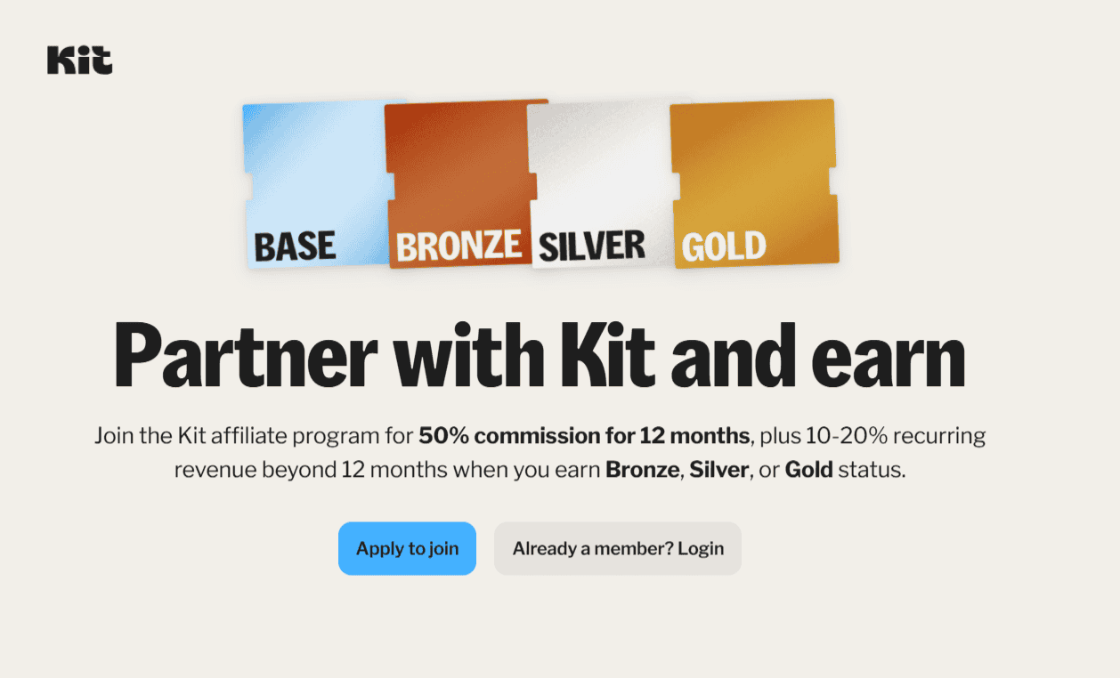 Affiliate program page on the Kit website