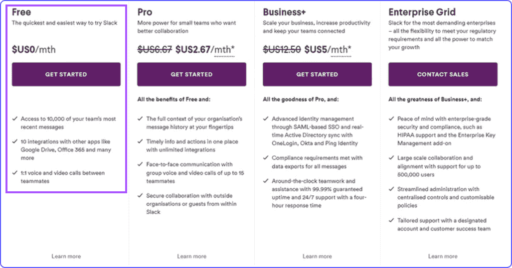 Free plan offered by Slack to increase brand awareness