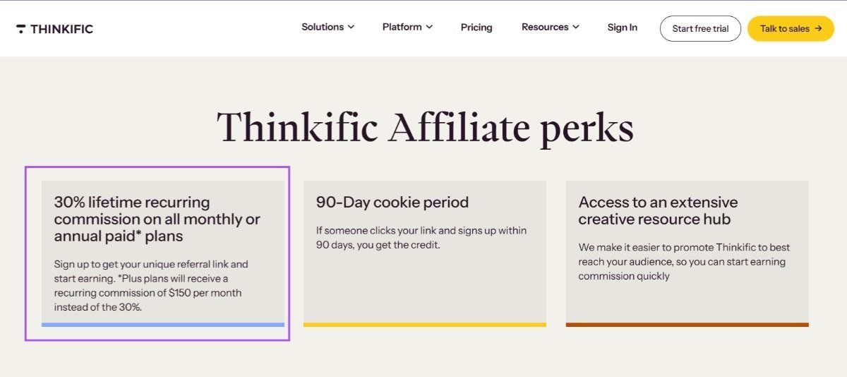 Perks of joining the affiliate program by Thinkific