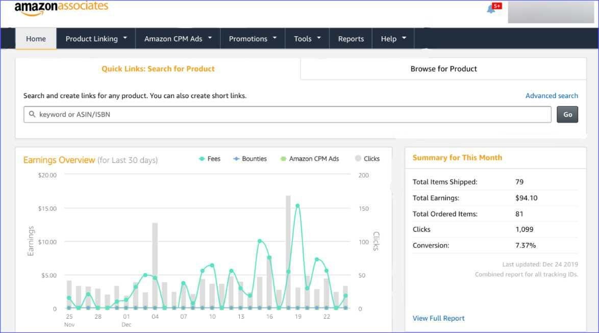 amazon-associates-affiliate-platforms Earning overview in the home tab of affiliate network Amazon Associates
