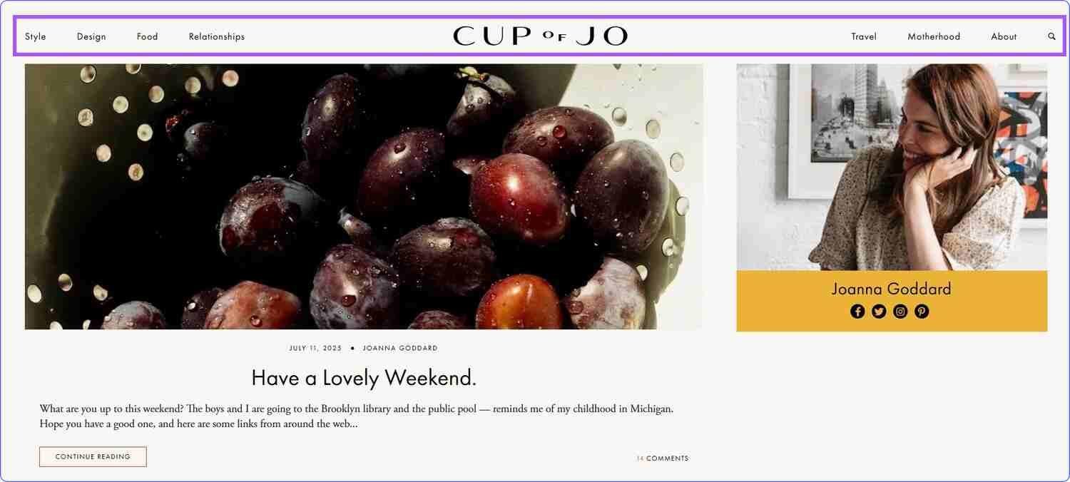 Header of a blog called CUP of JO