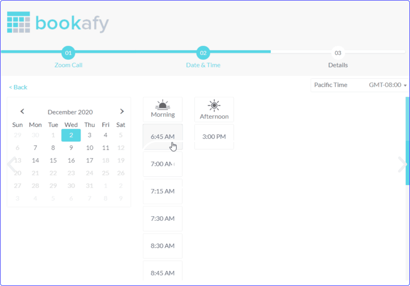 Scheduling interface in Doodle competitor called Bookafy 