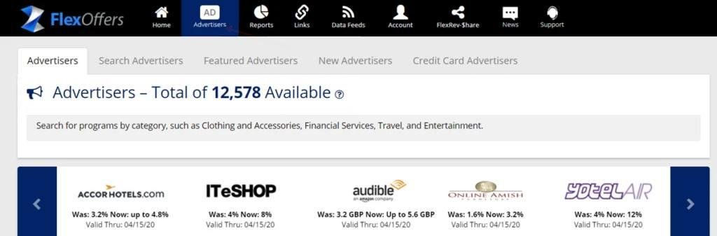 flexoffers-affiliate-platform-software Advertiser tab in the Interface of an affiliate marketing platform Flexoffer