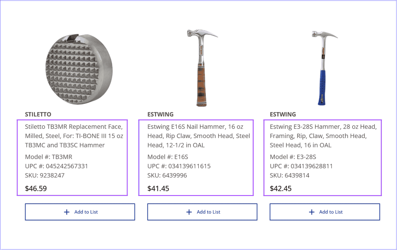 Tools with descriptions and prices on a lumber product catalog
