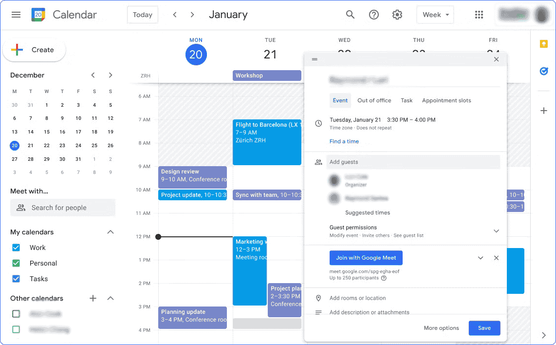 Meeting schedule in one of Doodle alternatives called Google Calendar