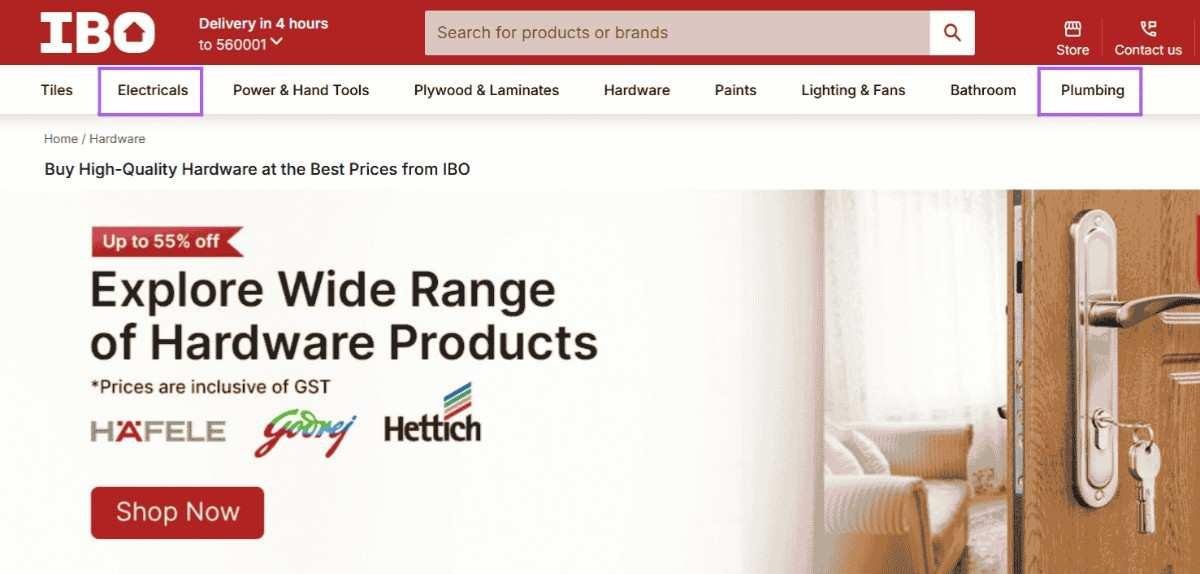 Project type categorization format in the product catalog of the IBO hardware store