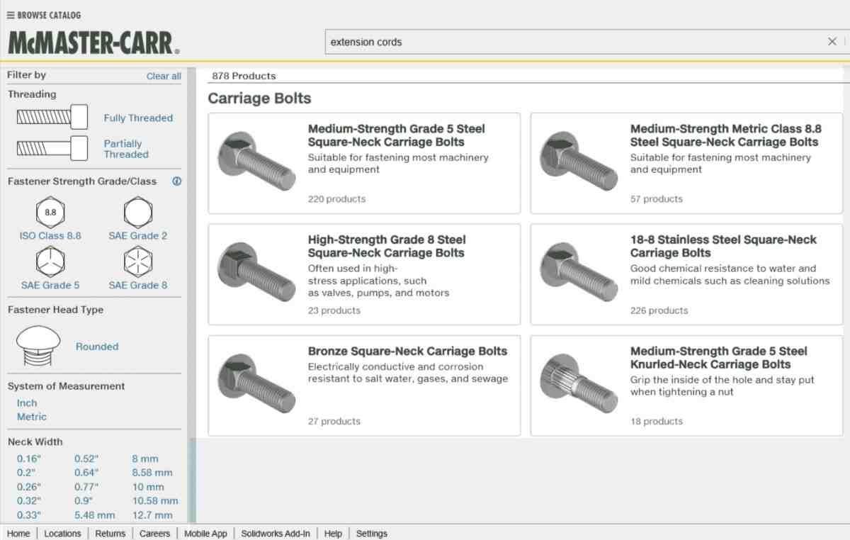 List of carriage bolts with densely packed info in the product catalog of MCMaster Carr 