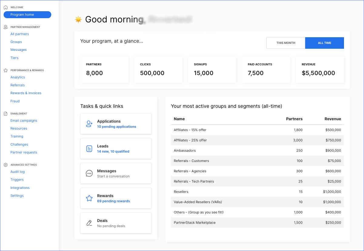 partnerstack-affiliate-platforms-software Dashboard of an affiliate network called PartnerStack
