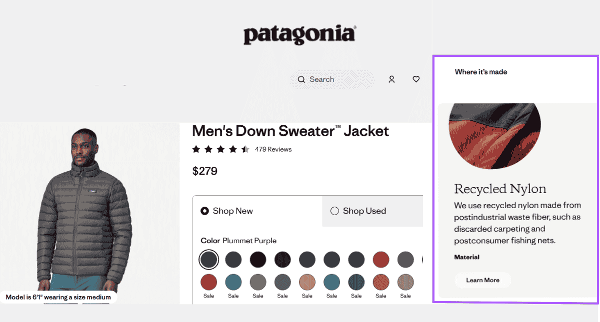 Product with fabric technology info in the educational catalog of Patagonia