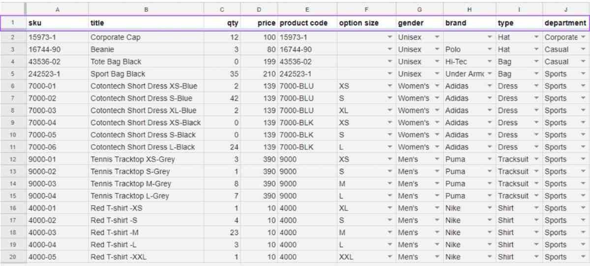 Spreadsheet with product details to help create a product catalog