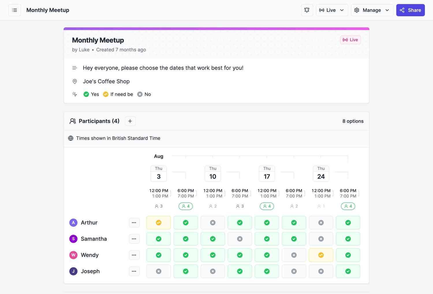 Meeting poll in a tool similar to Doodle known as Rallly