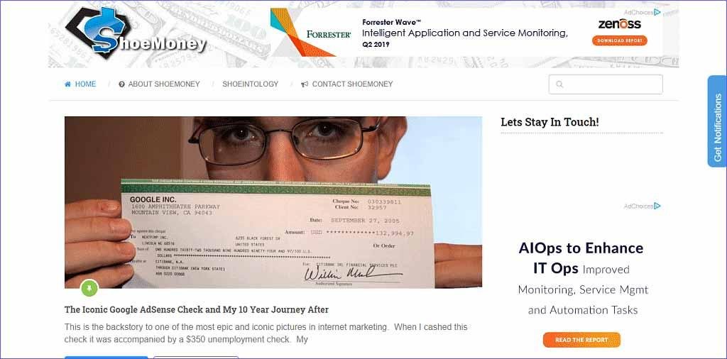 AdSense check on Shoemoney proving affiliate marketing is profitable with niche insights