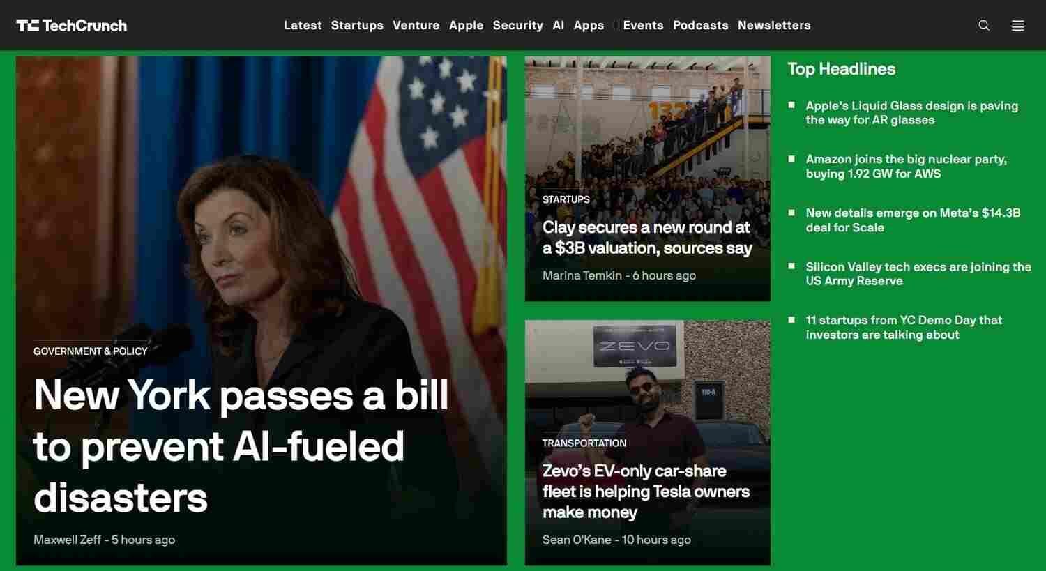 Homepage of the TechCrunch website used to explain the definition of blog