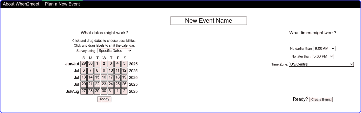 Event scheduling interface in an alternative to Doodle called When2Meet