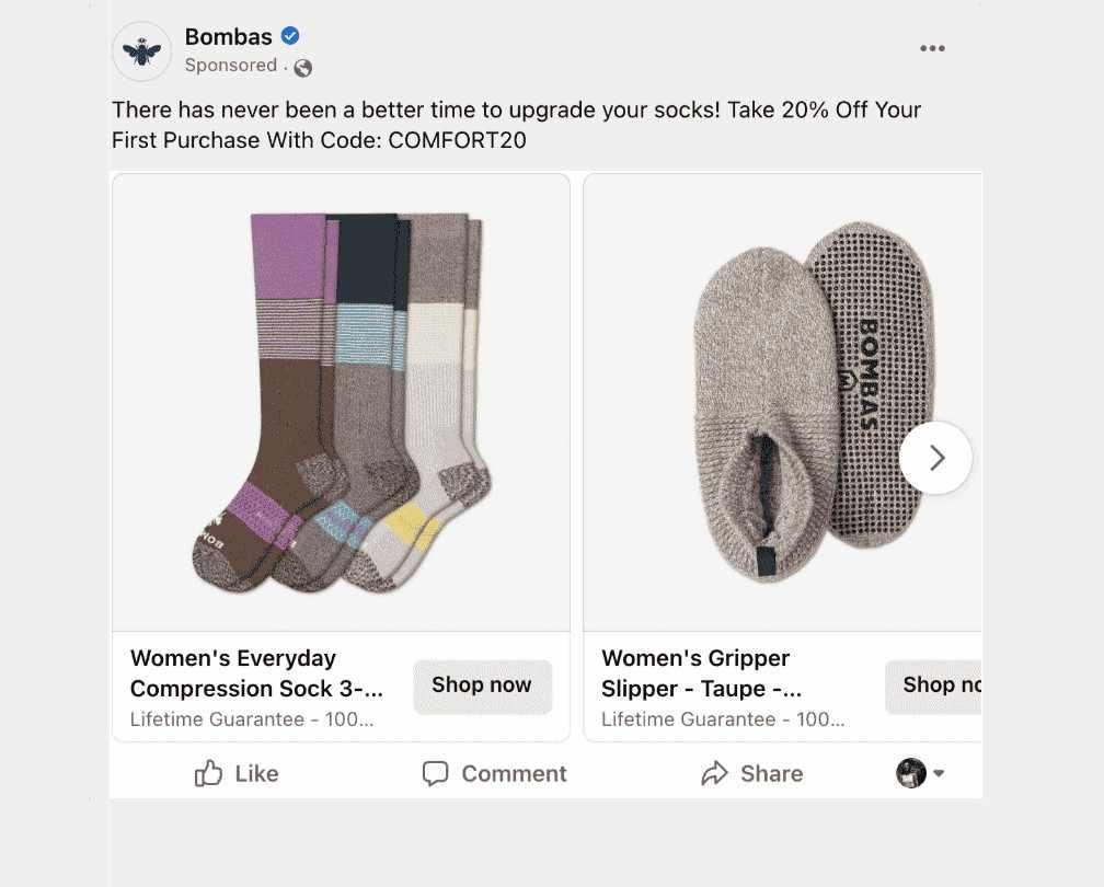 carousal-meta-ad-format Footwear products in a Meta carousel ad by Bombas
