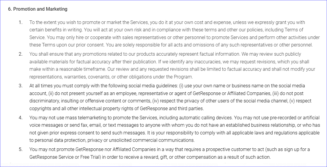Promotional guidelines in the affiliate marketing contract of GetResponse 