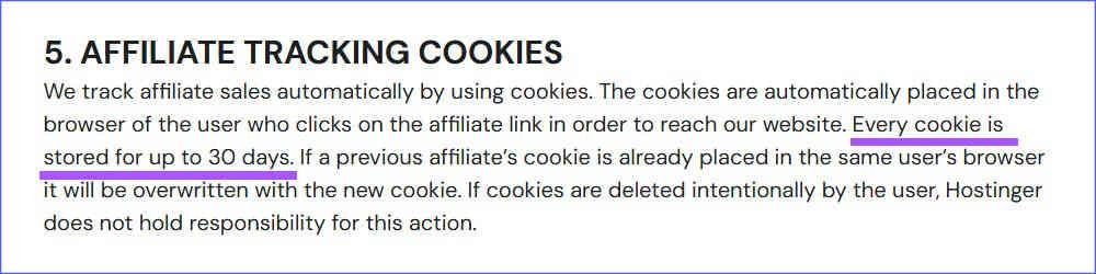 Affiliate cookie duration and attribution in the agreement of Hostinger 