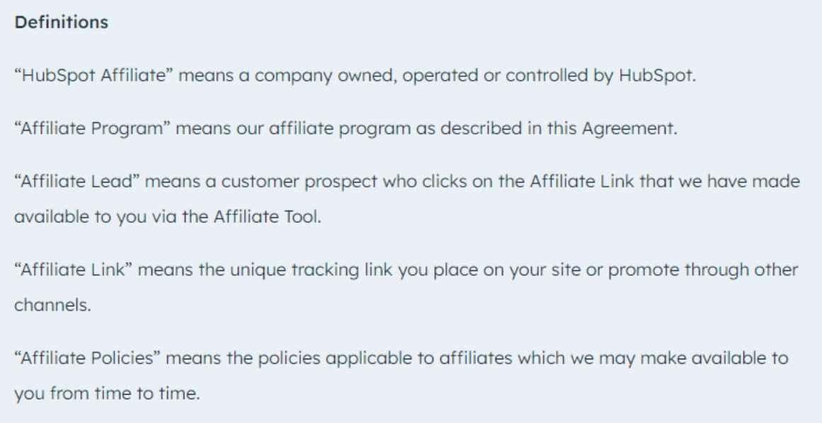 Definitions section in the affiliate marketing contract of HubSpot