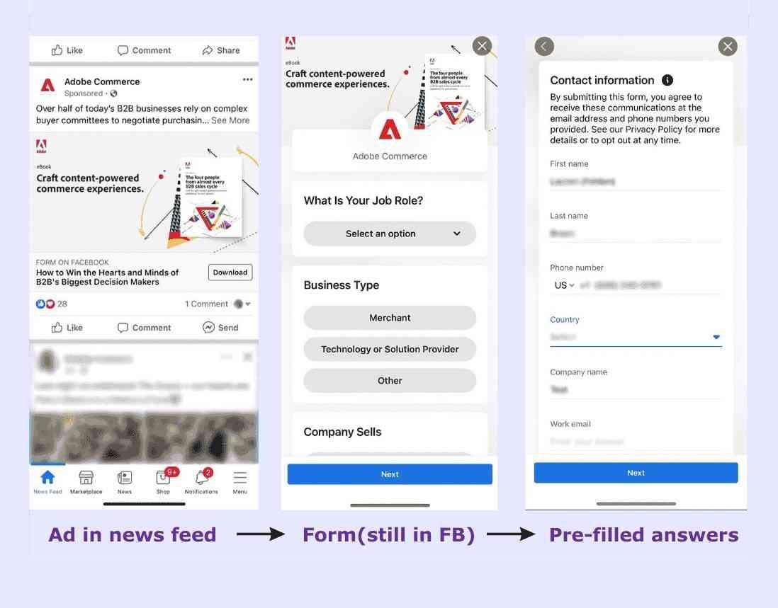 meta-lead-ad-format Adobe Commerce form with pre-filled details created using a Meta lead ad.