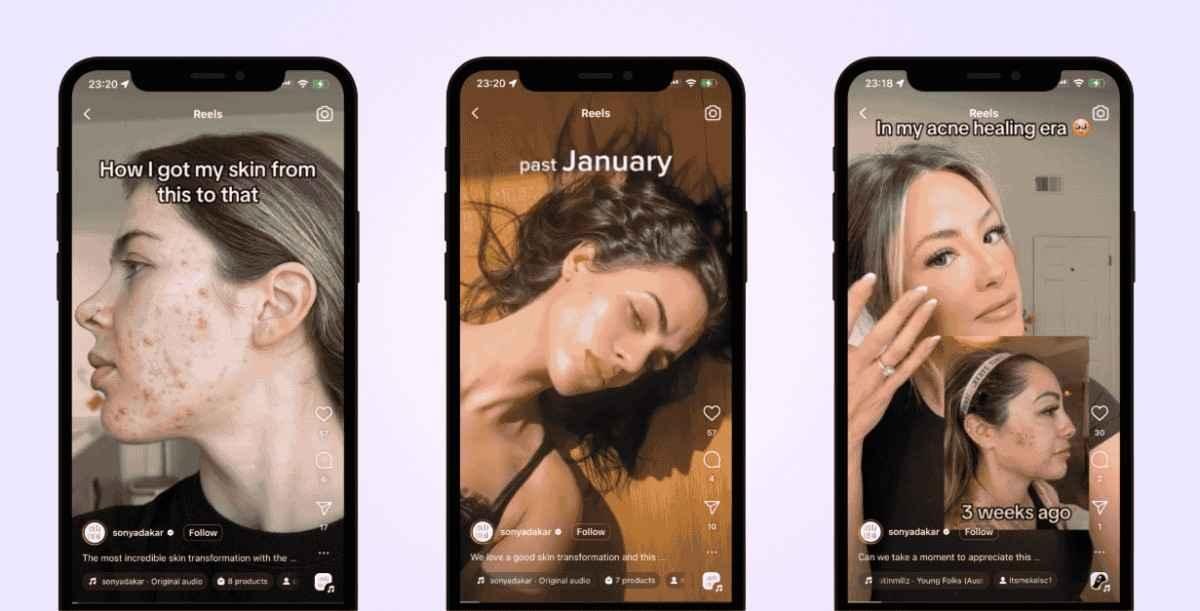 meta-reels-ad-format Before and after transition videos by a makeup brand in Meta reels ads