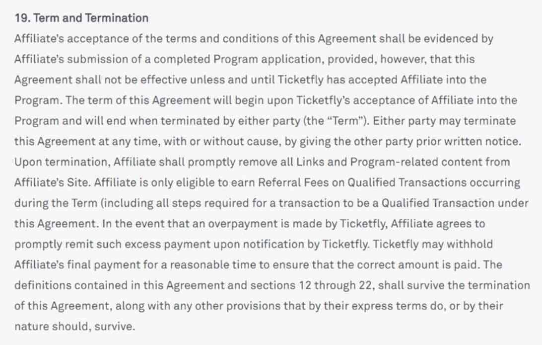 Termination clause in the affiliate marketing agreement of Ticketfly 