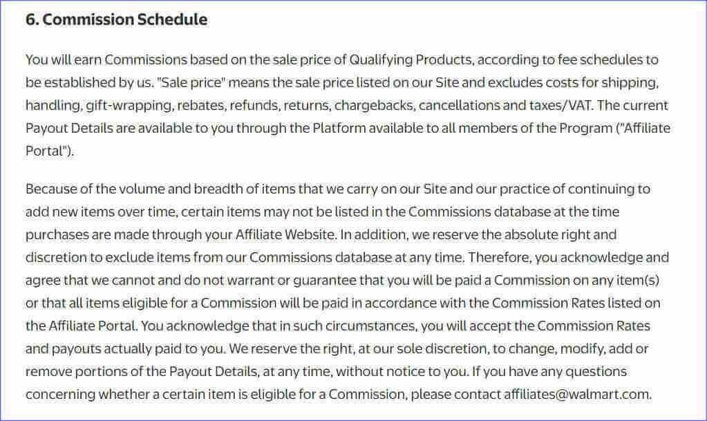 Payment terms in the commission schedule section in the affiliate contract of Walmart 