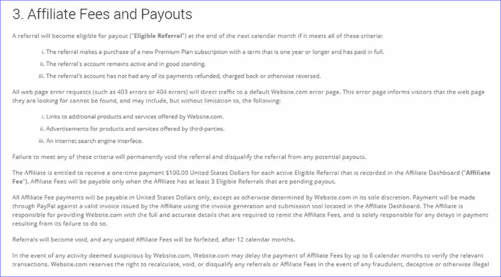 Commission structure in the payouts clause of Website.com affiliate agreement