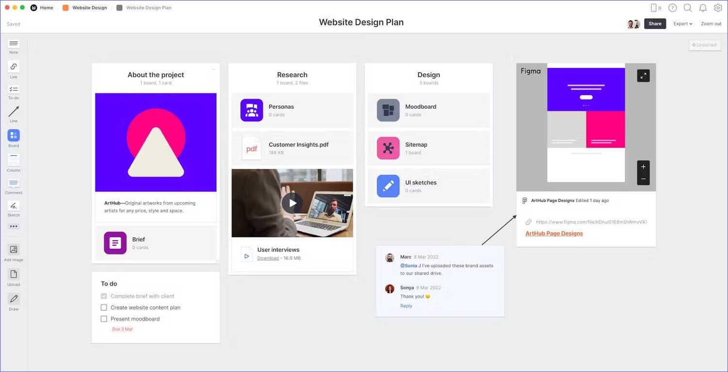 Website design plan in the Milanote tool