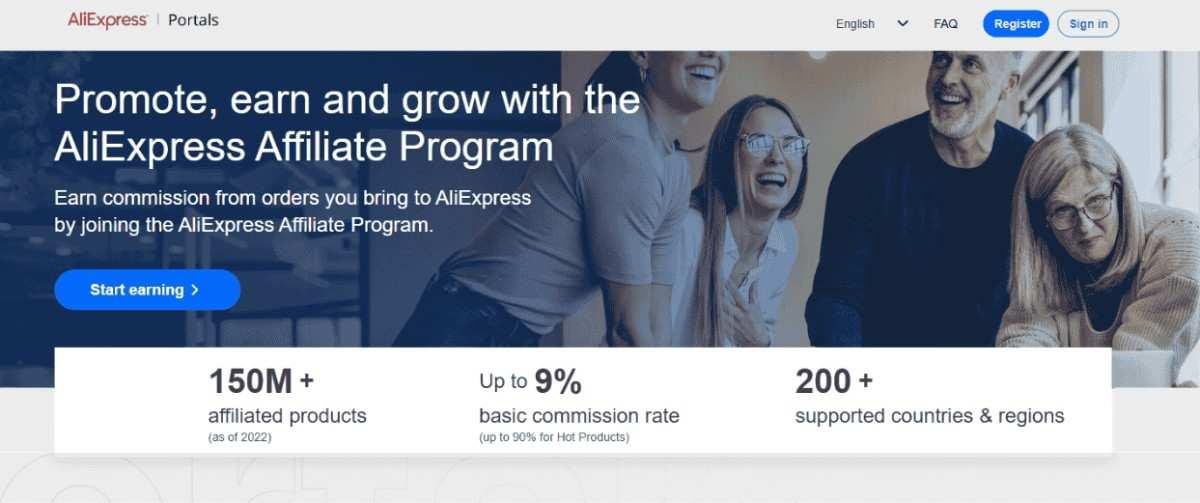 Homepage of AliExpress affiliate program