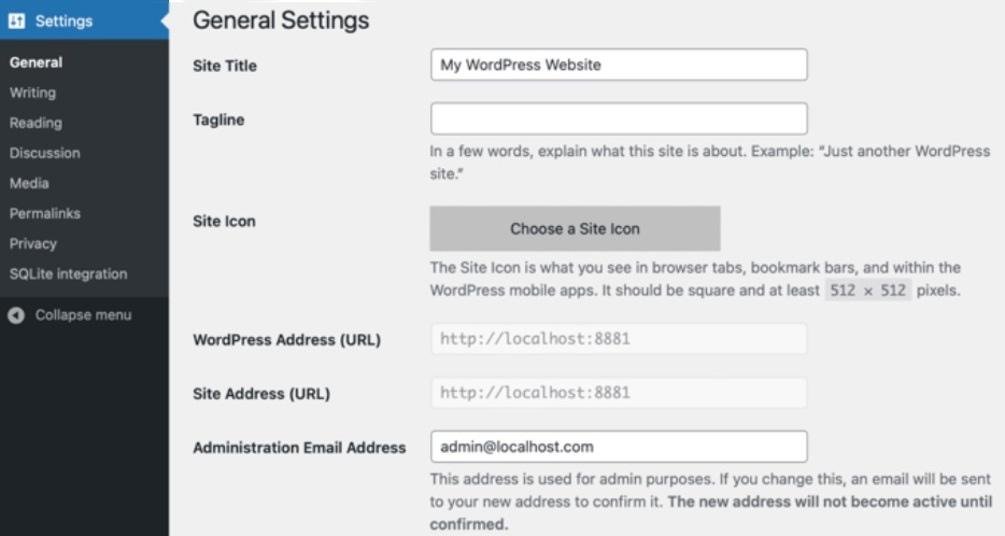 CMS settings configuration in WordPress for creating a website