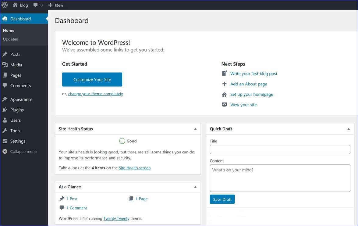Dashboard of the WordPress CMS used for starting a website