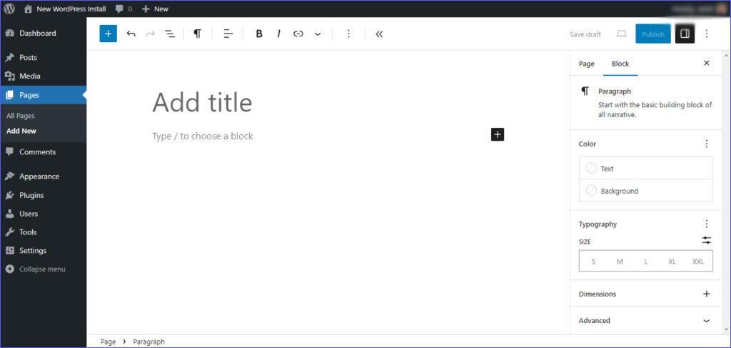 Content page in the WordPress CMS for adding content to websites
