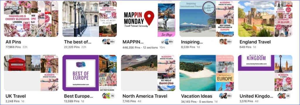 Example of Brogan Abroad segmenting pins into boards for Pinterest affiliate marketing