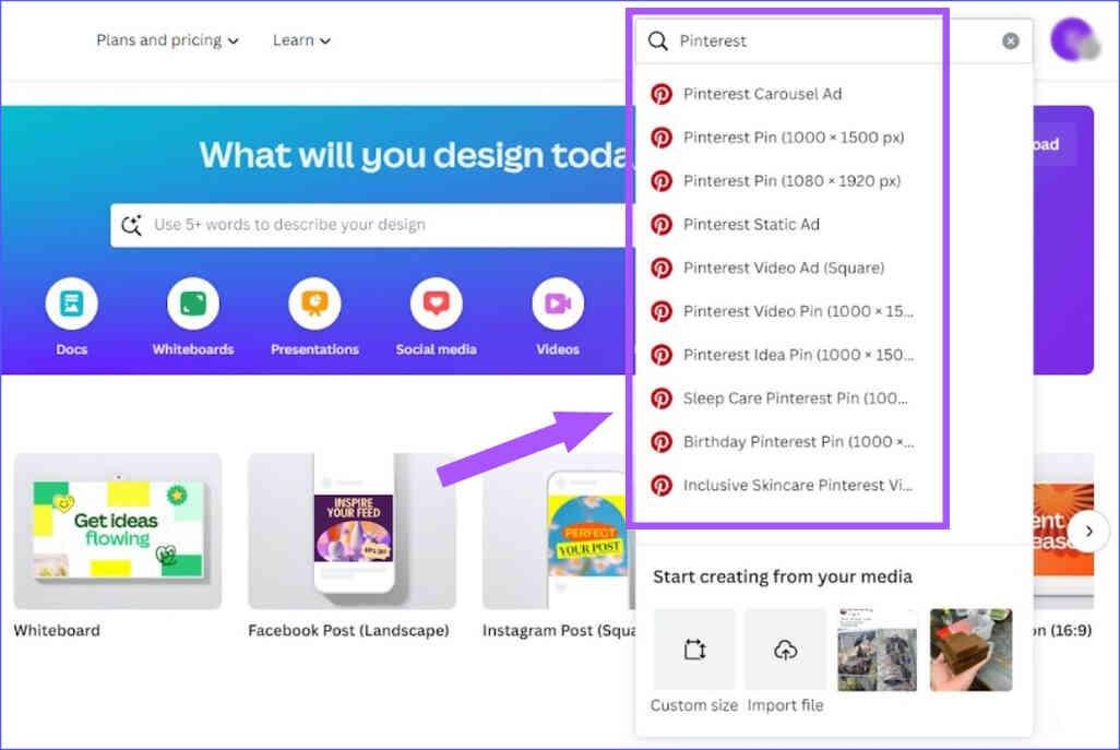 Search bar in Canva to find Pin templates to design graphics for affiliate marketing