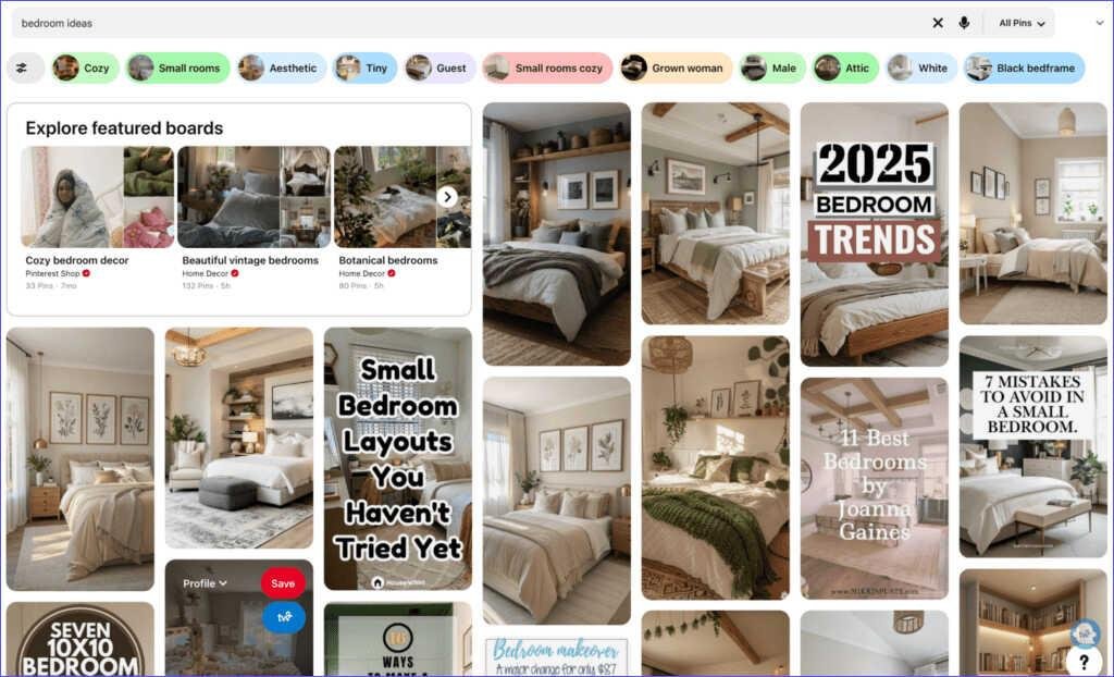 Targeted query on the Pinterest search bar for marketing affiliate products
